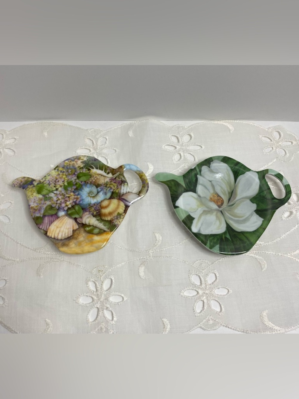 Melamine Mini Teapot Tea Bag Holders Set of 2 Seaside Floral Made In Italy/China